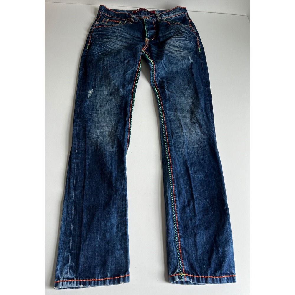 Cipo & Baxx Distressed Denim Jeans Orange‎ Green Stitching Mens 29x32